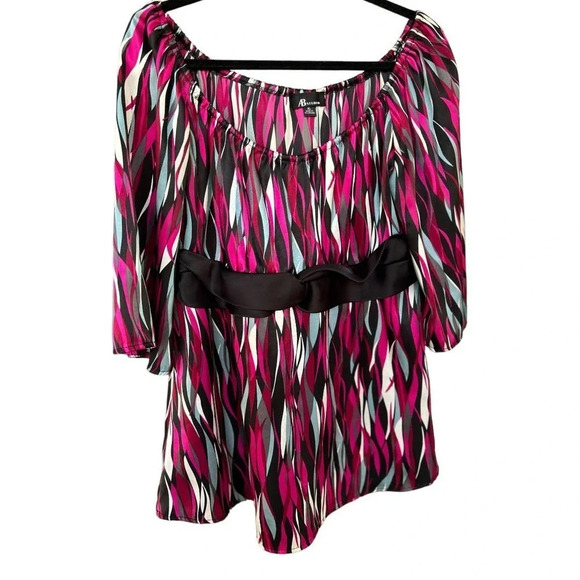 AB Studio Women's Bell Sleeve Funky Print Ribbon Waist Blouse Size XL - Picture 1 of 7